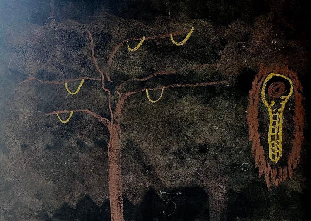 Vibrant tree illustration inspired by biodynamic farming principles with symbolic patterns.